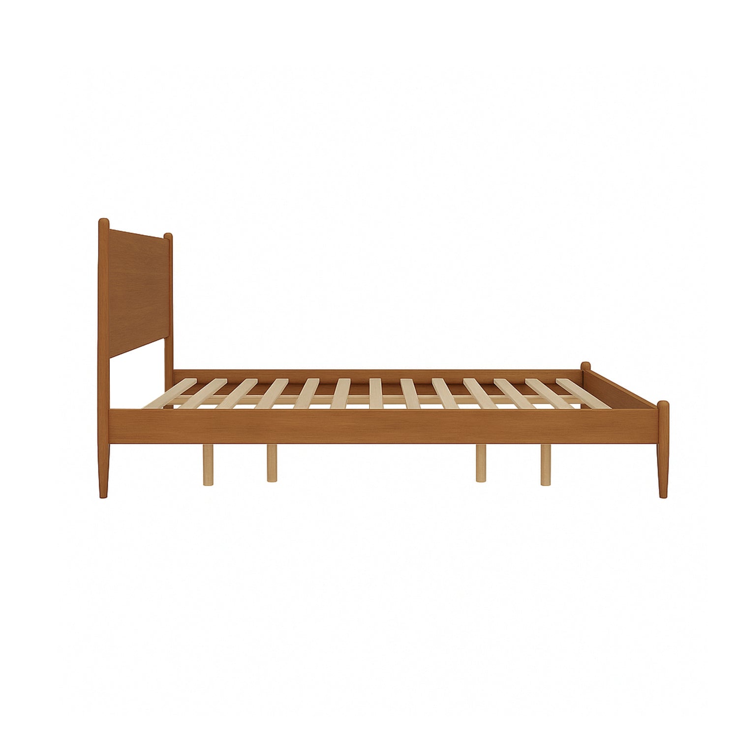 Side view of Mid-Century Modern California King Wooden Platform Bed in oak finish with sturdy support legs and slatted base.