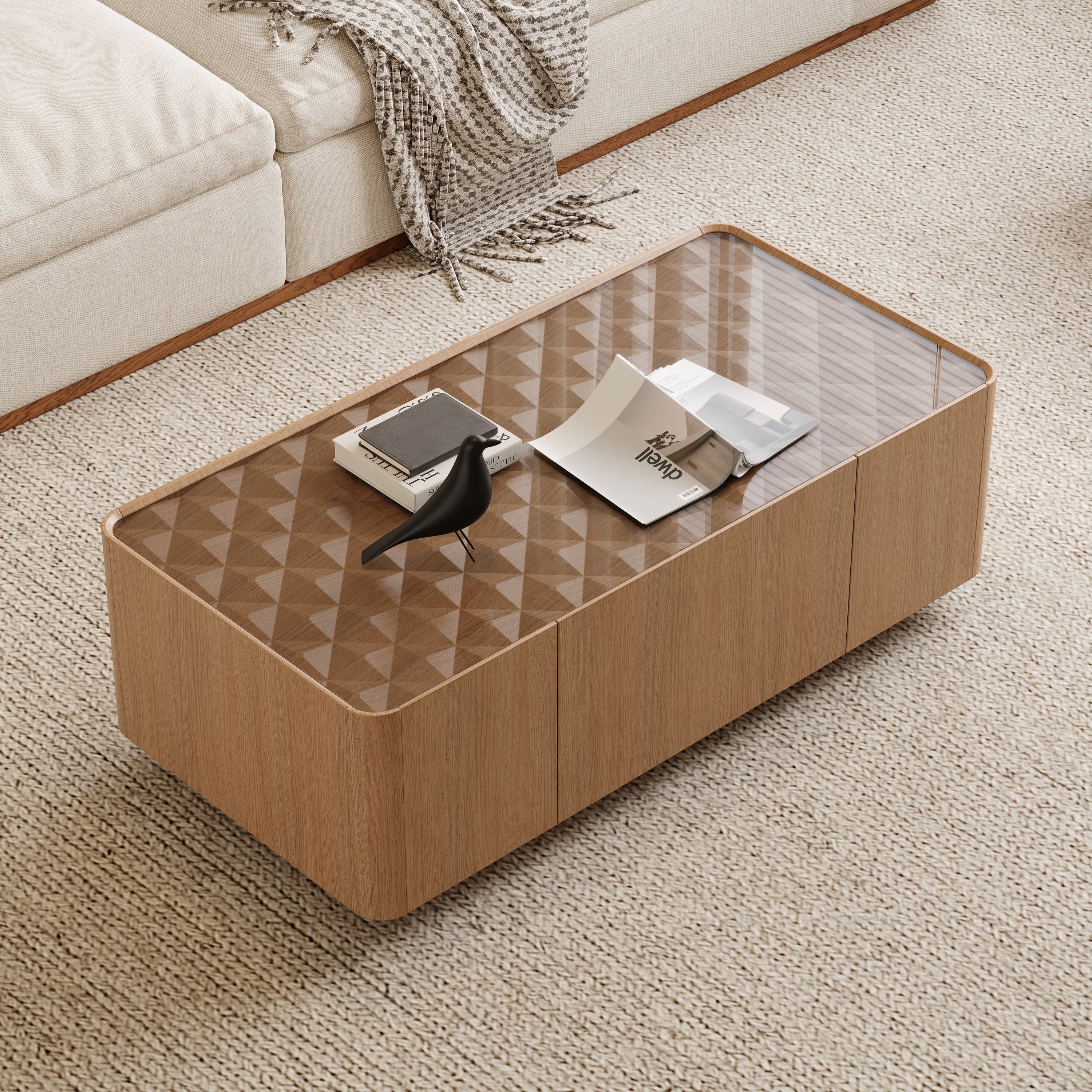 Mid-century modern light walnut coffee table with a glass top, geometric pattern, and hidden storage drawers.