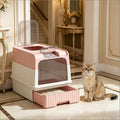 Enclosed Pink and White Cat Litter Box with Top-Entry Design