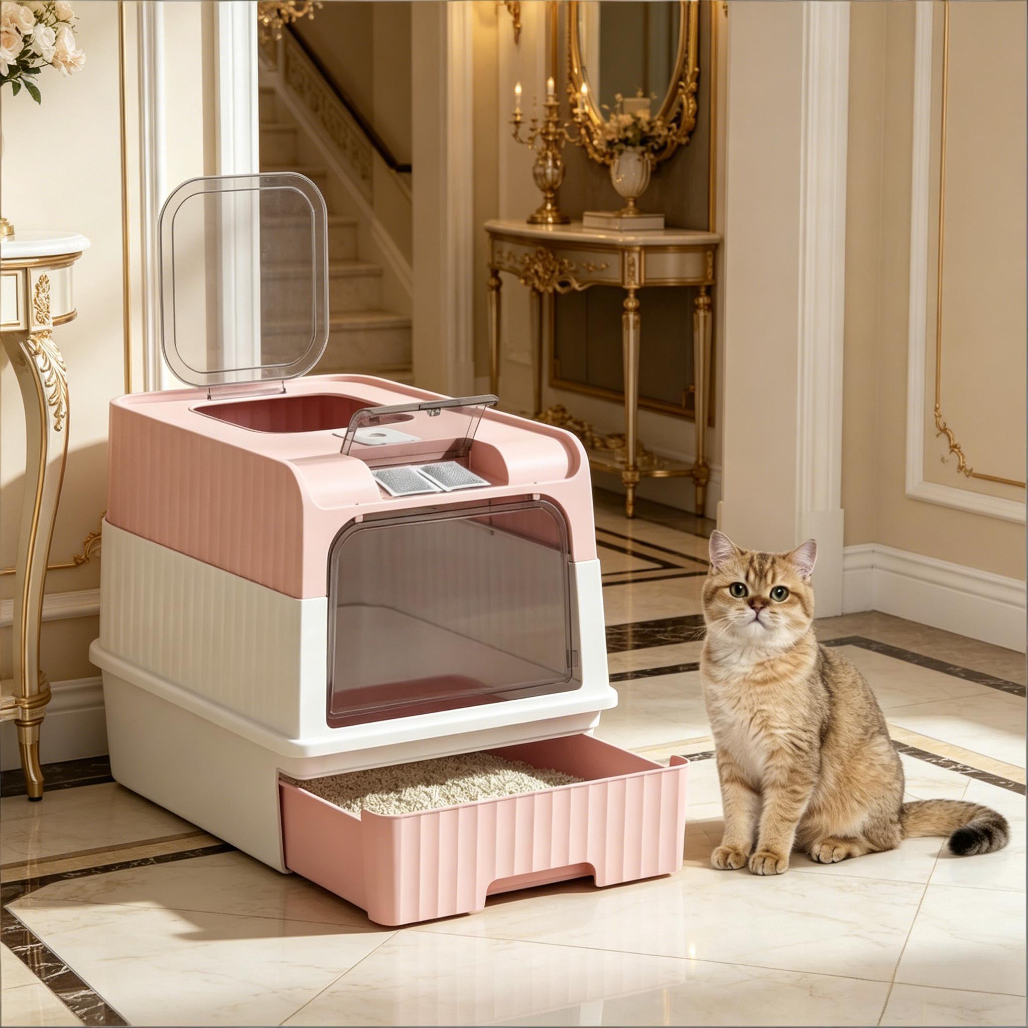 Enclosed Pink and White Cat Litter Box with Top-Entry Design