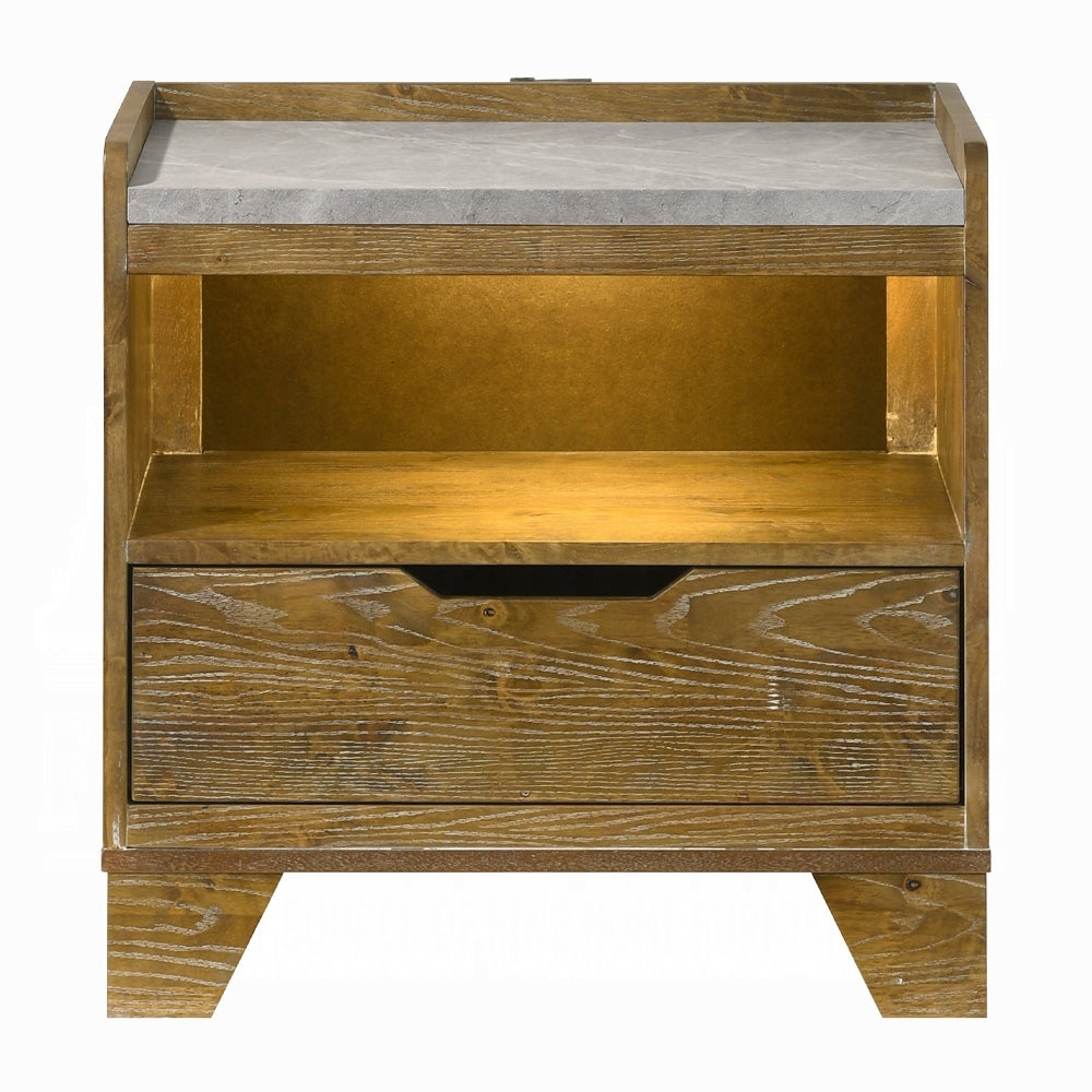 Brown Nightstand LED & USB - Transitional Style featuring LED-lit open shelf, USB ports, and single drawer in rustic wood finish.