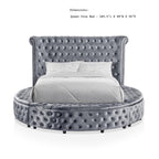 Gray Velvet Round Storage Bed with USB Ports and Features.