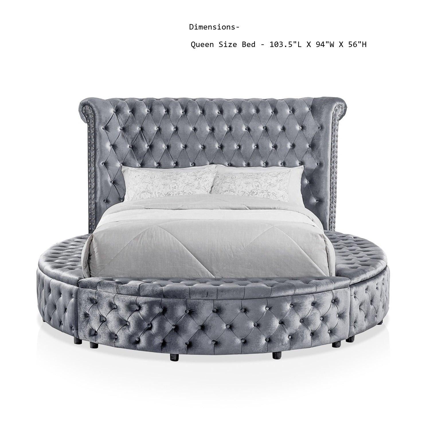 Gray Velvet Round Storage Bed with USB Ports and Features.