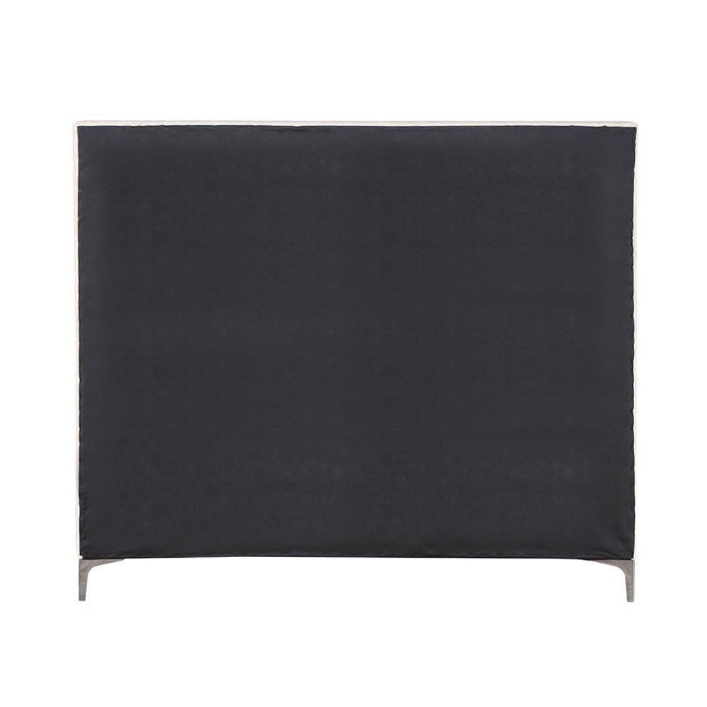 Back view of queen velvet platform bed showcasing the solid black fabric panel and sleek metal legs for a modern finish.