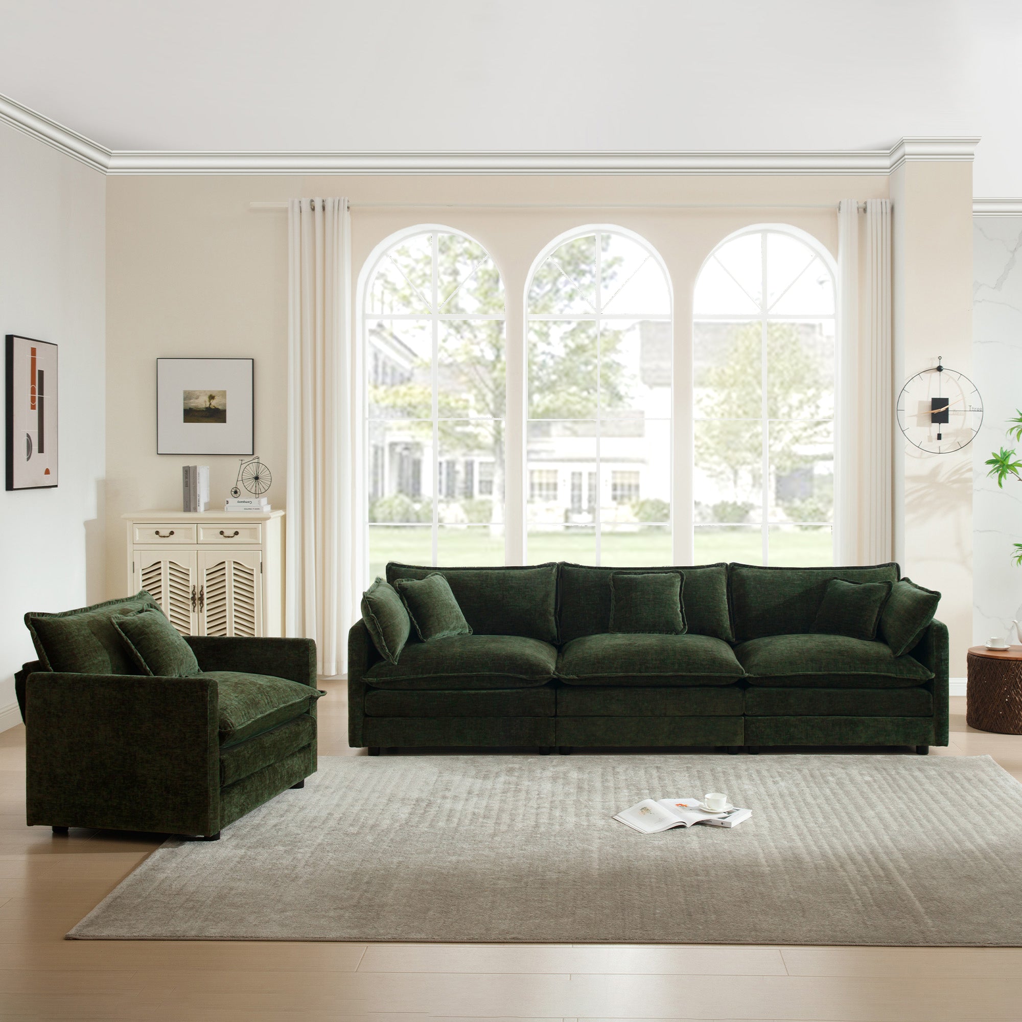 4-Seater Green Chenille Sectional Sofa with Sturdy Wood Frame