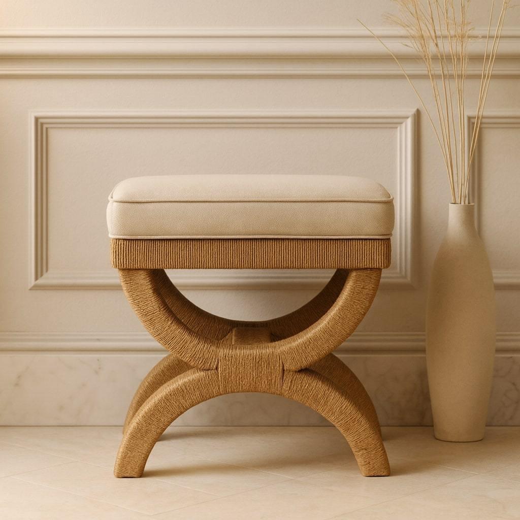 Solid Wood Bench with Rattan Arch Design.