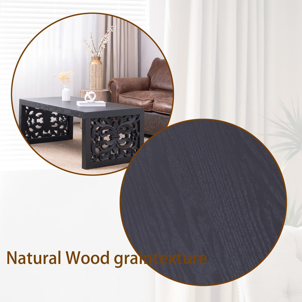 47.2' Solid Black Carved Wood Coffee Table – Handcrafted Look with Ornate Side Panels.