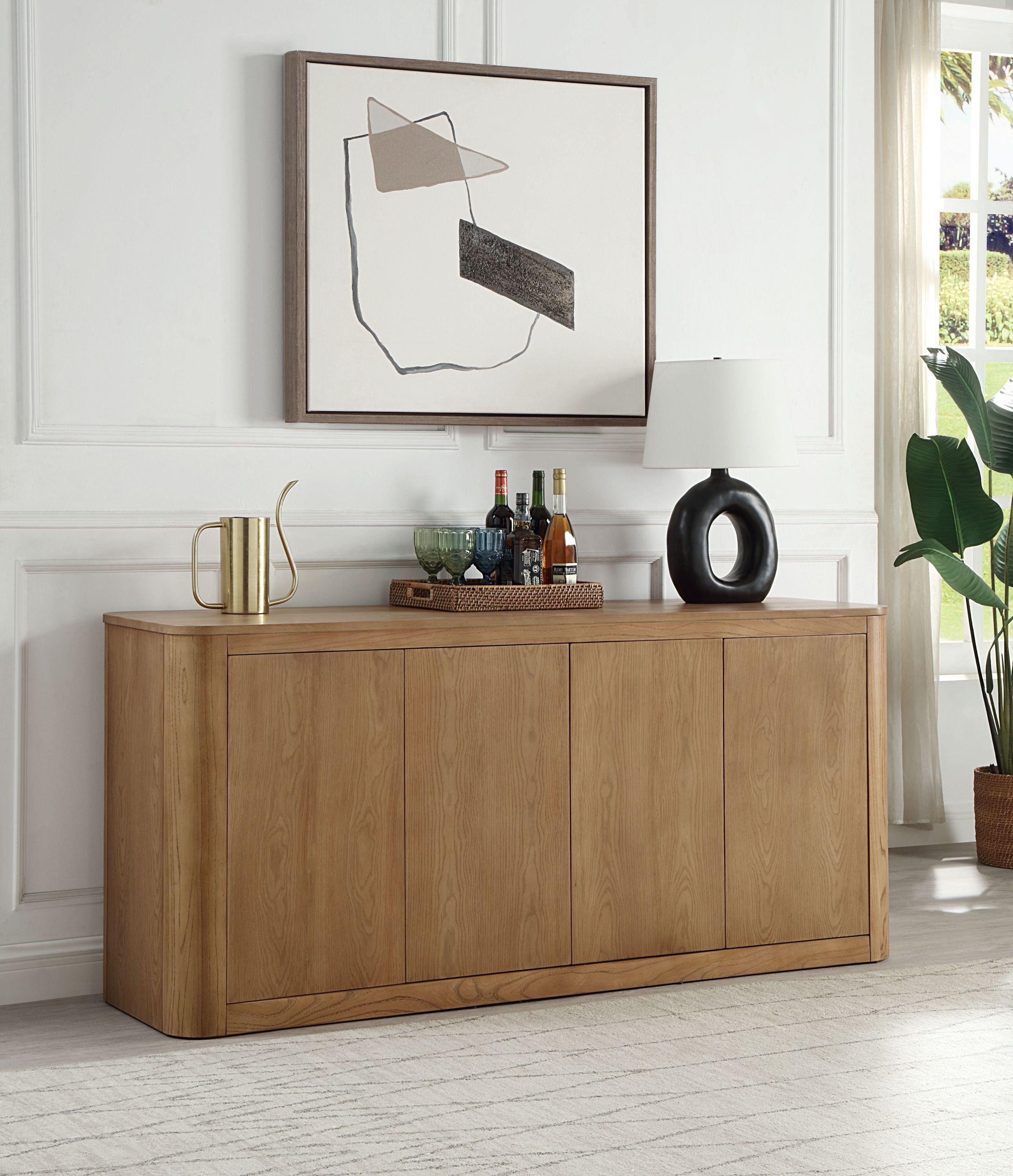 Zoey Oak Server with Shelves in a modern living space, featuring 4 doors and oak veneer finish, perfect for contemporary interiors.