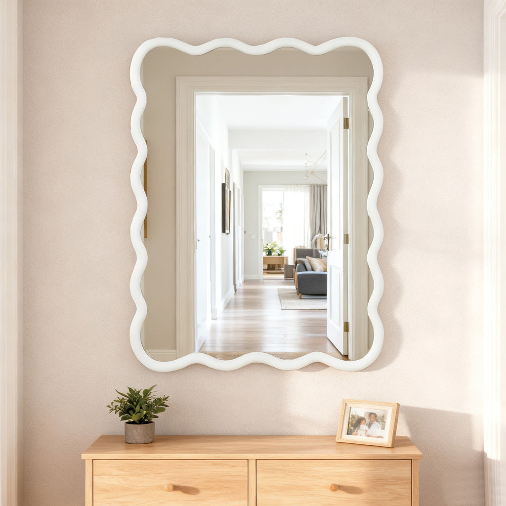 White 30'x40' Wavy Rectangle Solid Wood Frame Decorative Mirror,For Bedroom, Bathroom, Living Room, Entryway