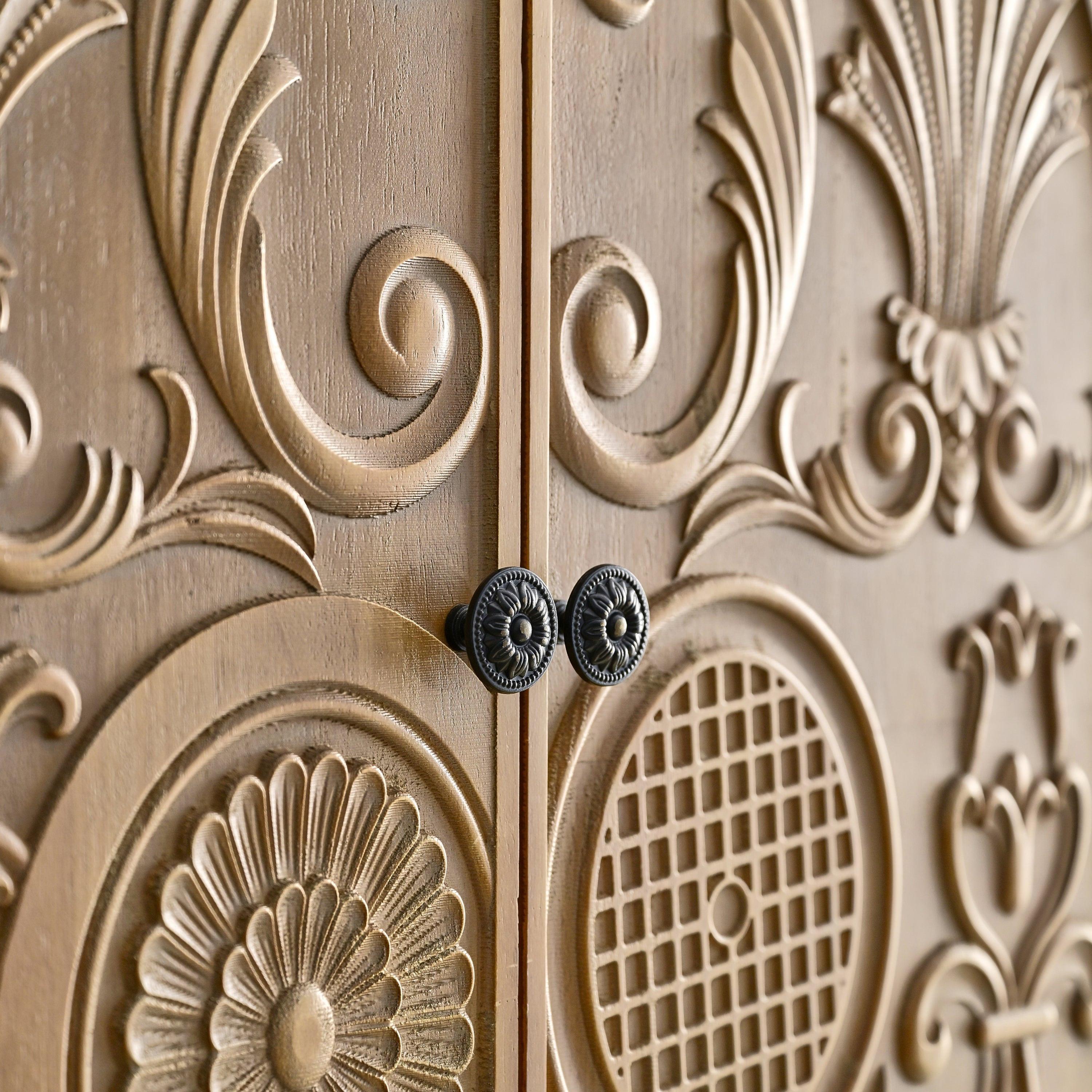 Arched Flower Carved Door Cabinet - Elegant Wooden Sideboard.