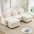 Beige white teddy fabric 3-seater sectional sofa with curved backrest, lumbar pillows, and two movable ottomans.