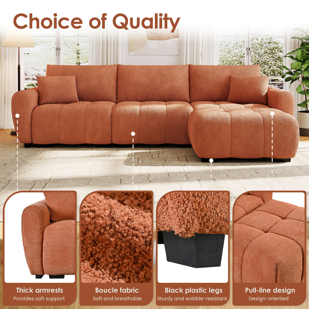 Close-up features of modular sectional sofa with ottoman in boucle fabric, showcasing thick armrests, pull-line design, and sturdy legs.