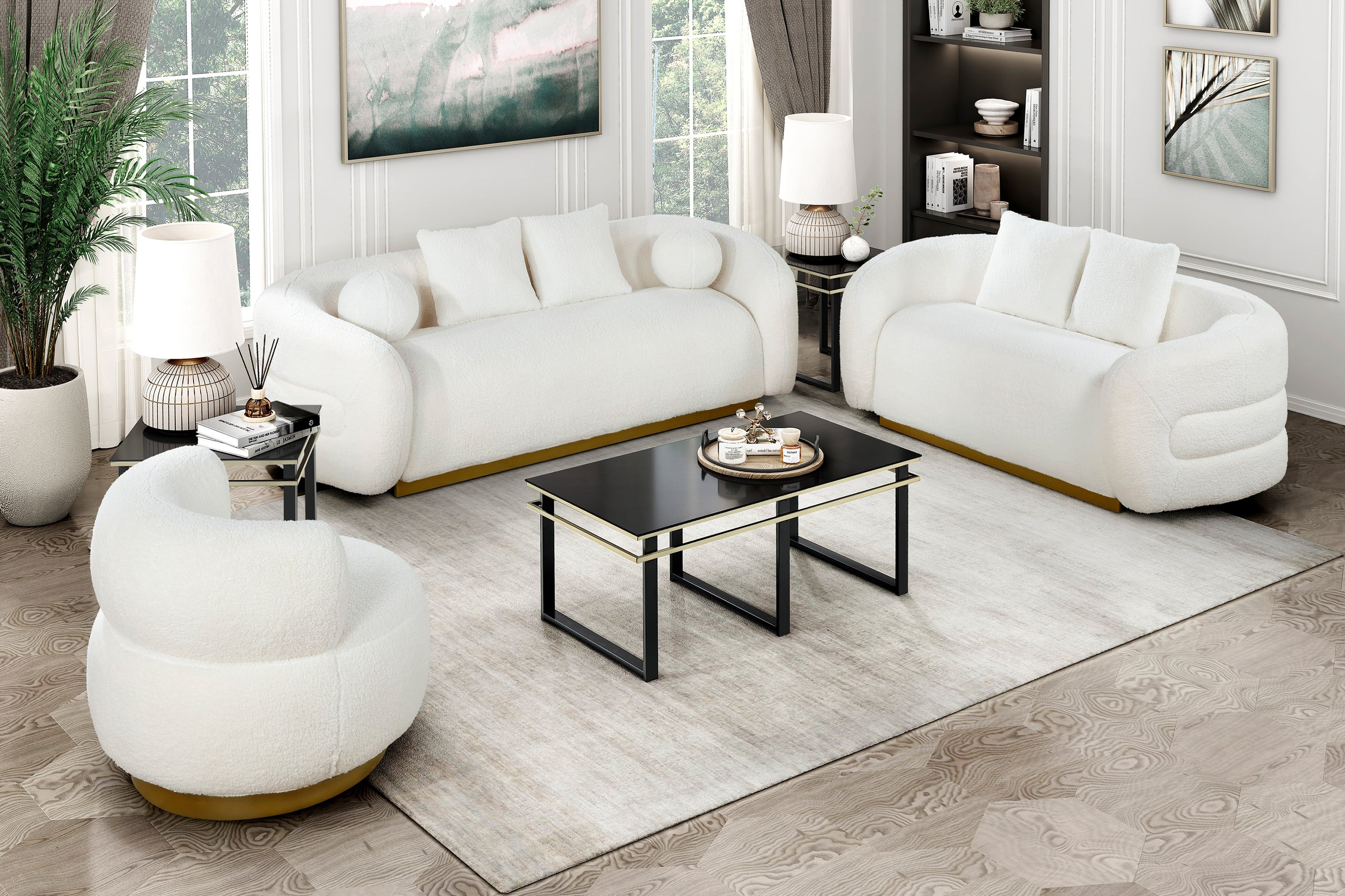 Luxurious 3-Piece White Sherpa Sofa Set with Gold Solid Wood Base