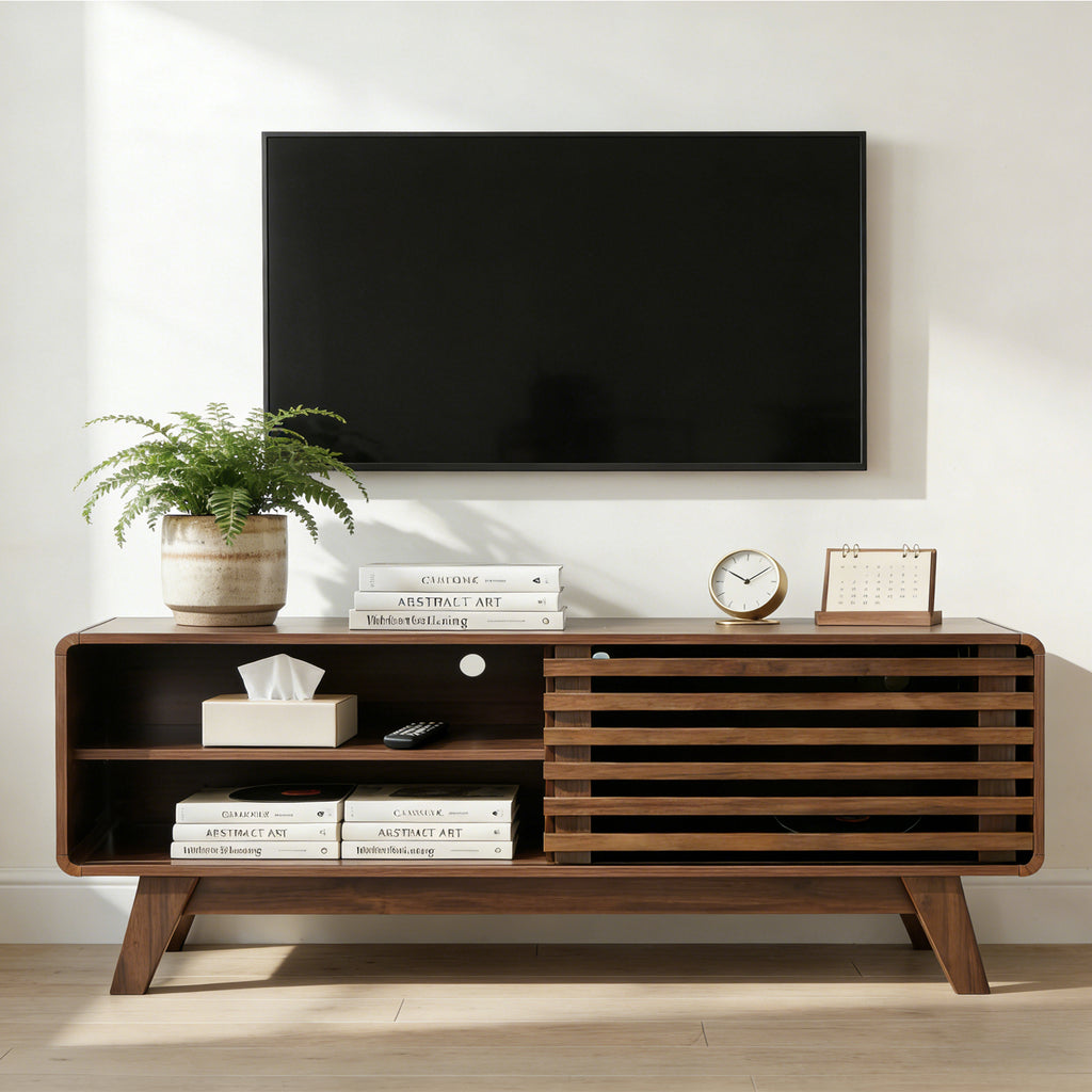 46-Inch Walnut Media Console with Slatted Sliding Door Storage