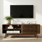 46-Inch Walnut Media Console with Slatted Sliding Door Storage