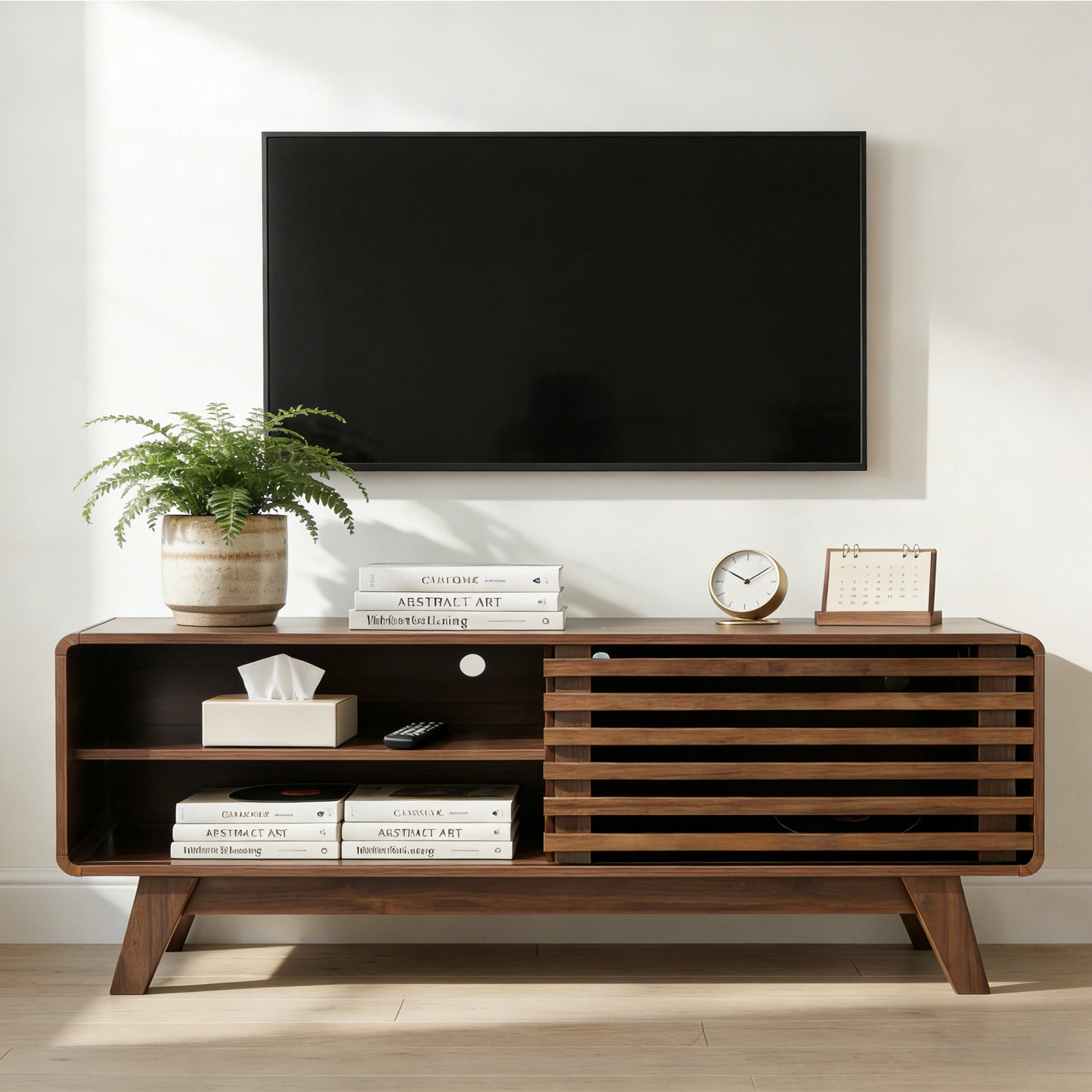 46-Inch Walnut Media Console with Slatted Sliding Door Storage