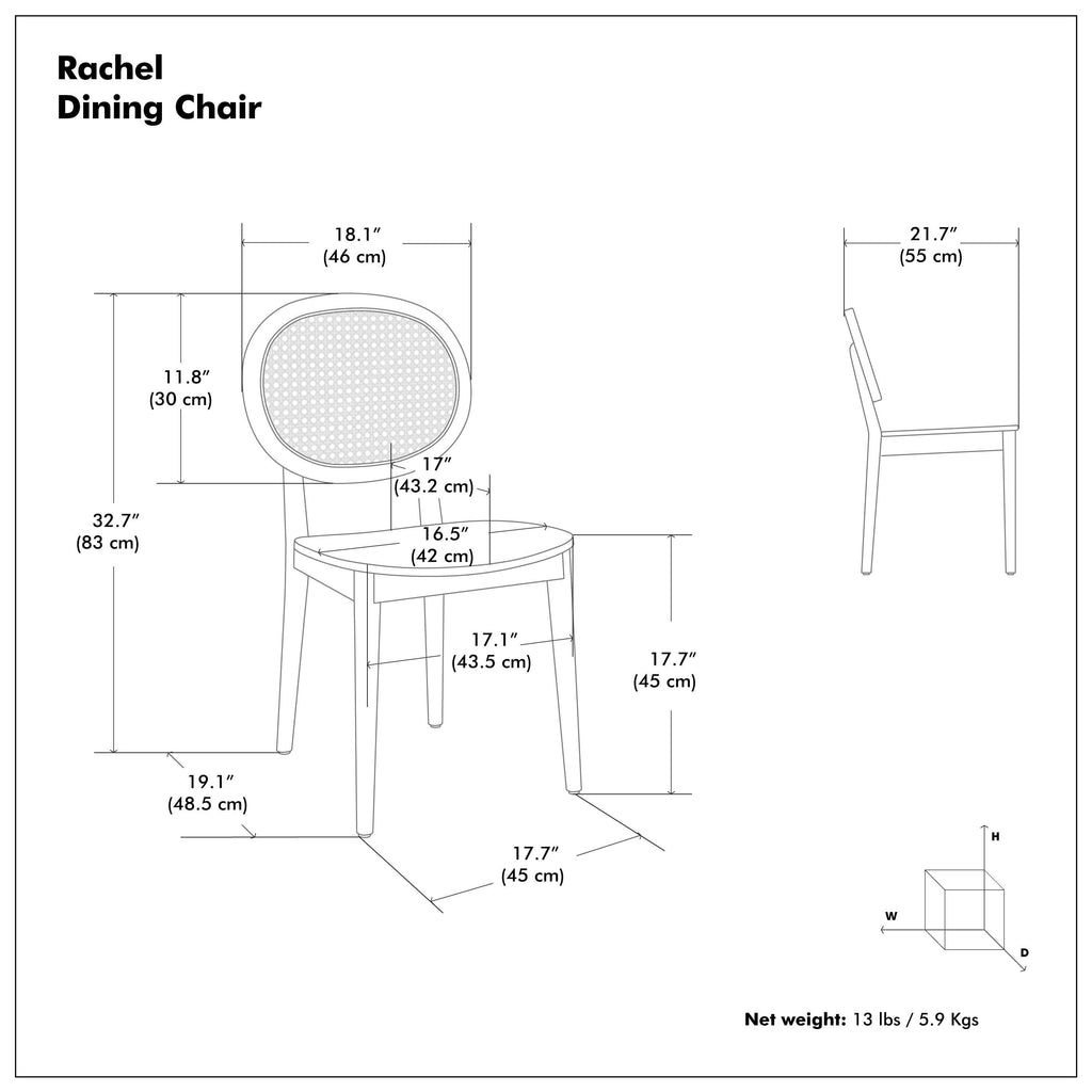 Detailed dimensions of brown rattan dining chair with beech wood frame, showing seat height, backrest width, and overall size.