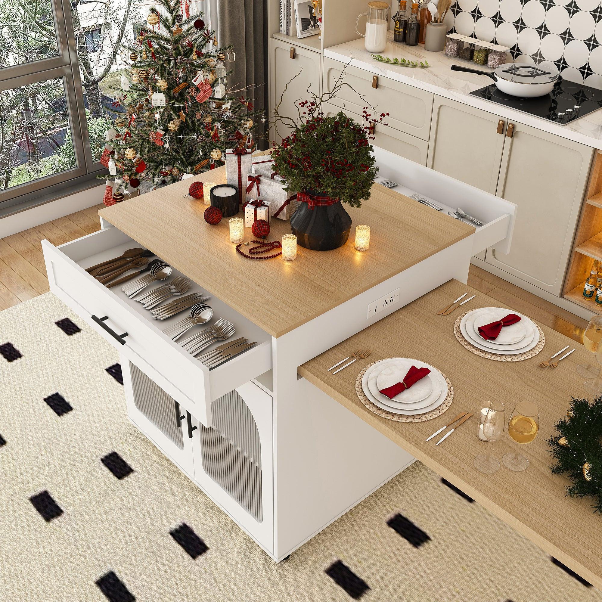 Expandable Kitchen Island with Dining Table & Power Outlet.
