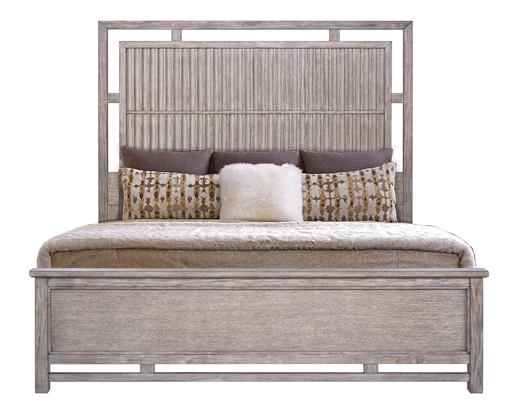 Front view of Queen Size Panel Bed with Dawn Finish, USB ports, and elegant vertical slat headboard for modern bedroom settings.