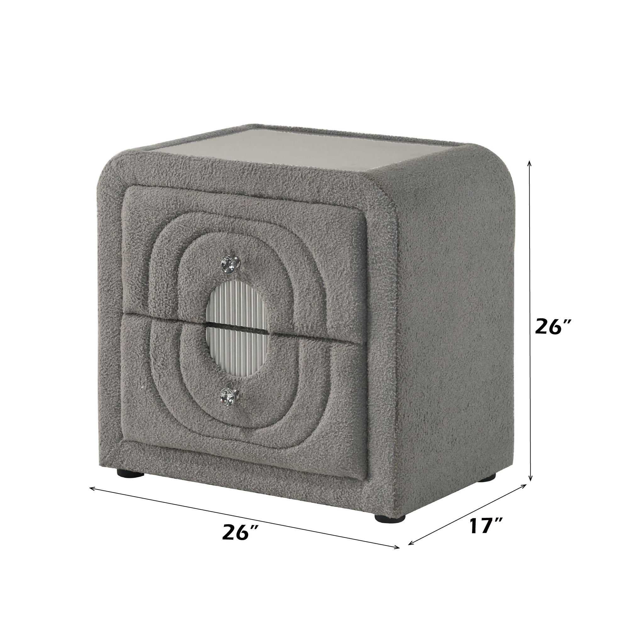 Gray Chrome Nightstand with Teddy Sherpa shown with dimensions 26x26x17 inches. Features crystal buttons, wood frame, and glass top.