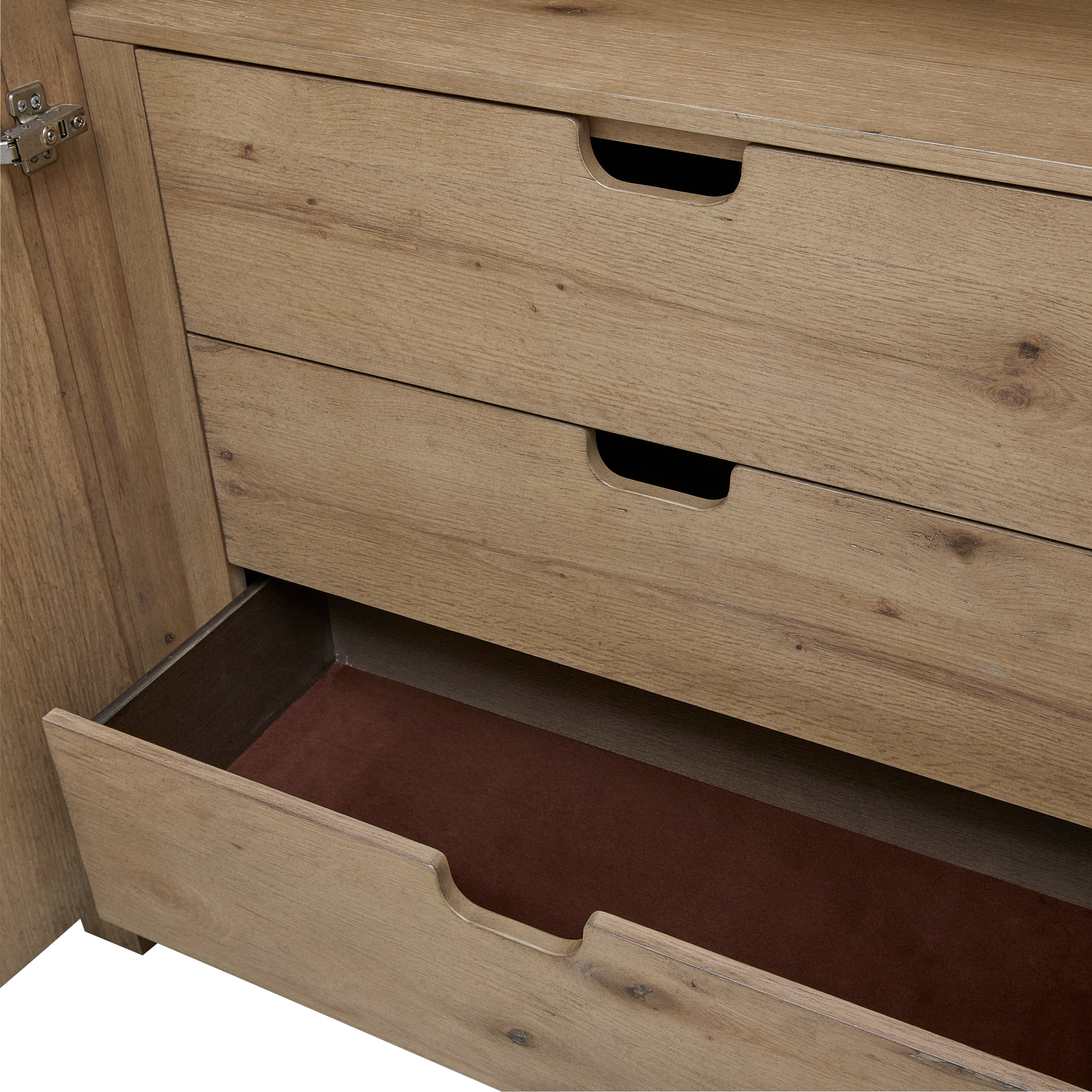 Close-up of Solid Wood Knotty Oak Armoire drawer interior, showing soft-close mechanism and felt-lined bottom for delicate storage.