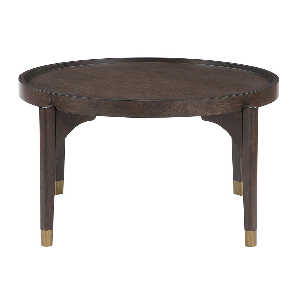 Dark Brown Cocktail Table with Gold Tip Legs.
