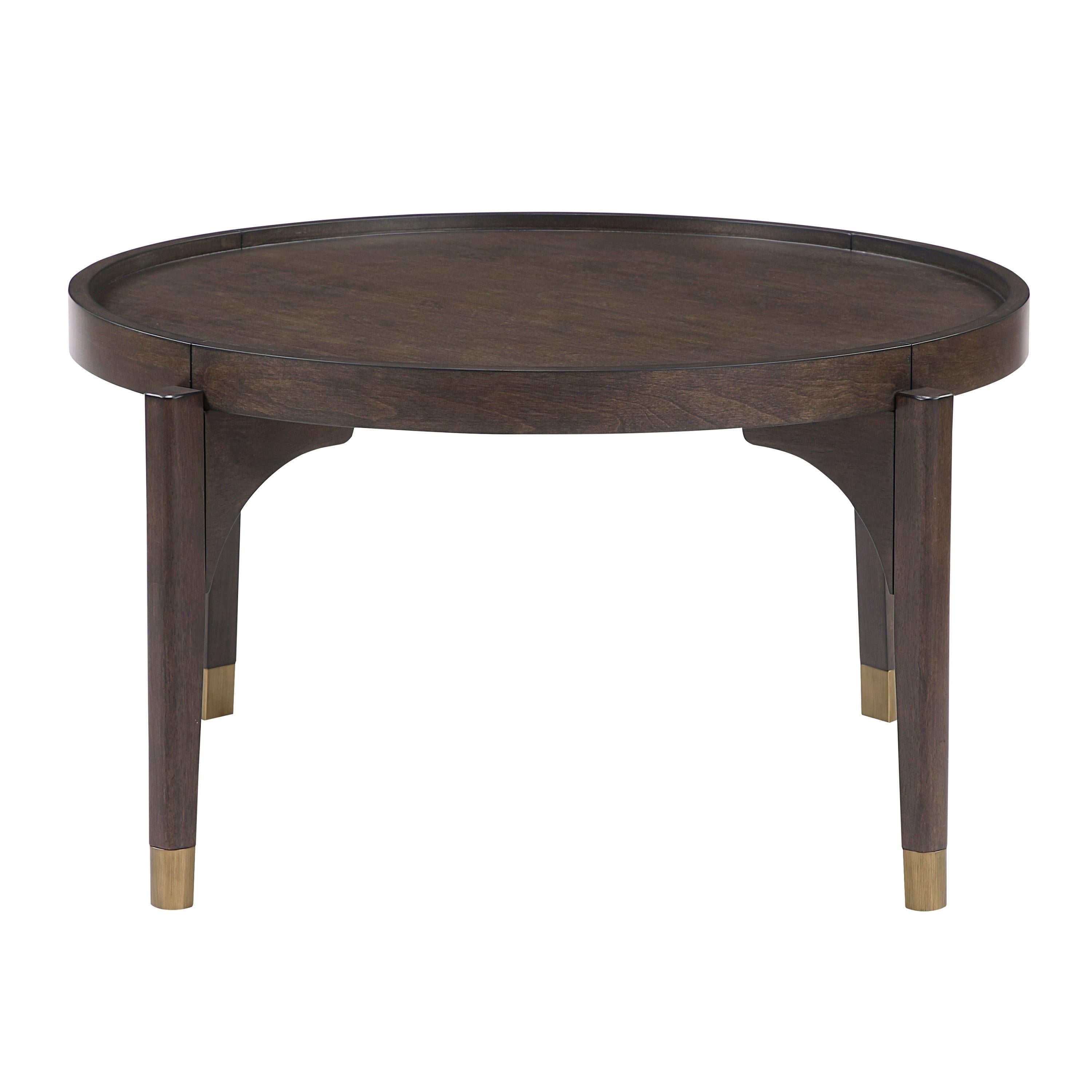 Dark Brown Cocktail Table with Gold Tip Legs.