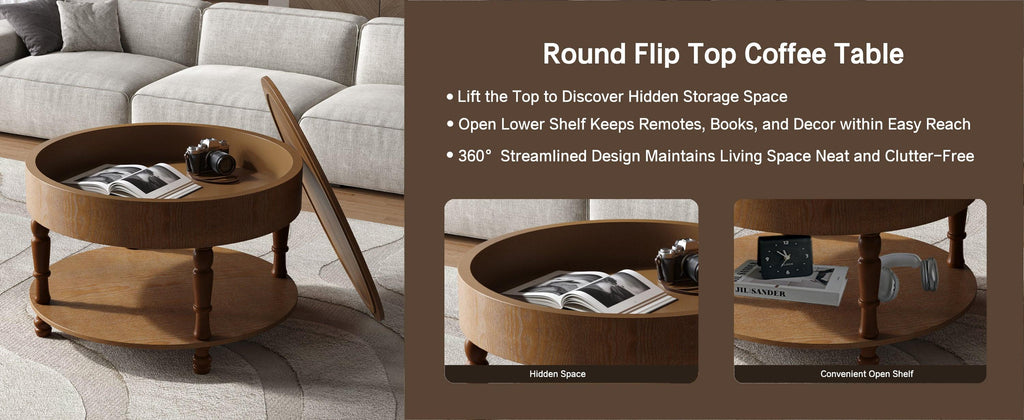 Coffee Table with Dual Storage for Living Room, 31.5' Modern Round Coffee Table with Storage and Hidden Compartment, Adjustable Leveling Feet, Easy Assembly (Walnut).