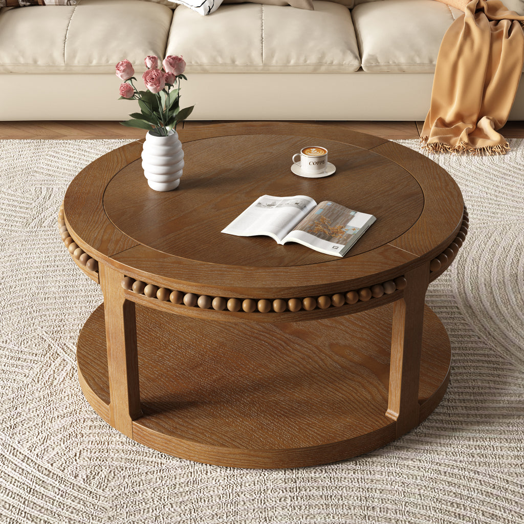 31.5 Inch Round Solid Wood Coffee Table & Sofa Table - Two-Tier Thickened Top, Sturdy Legs, Circle Table for Living Room (Walnut)