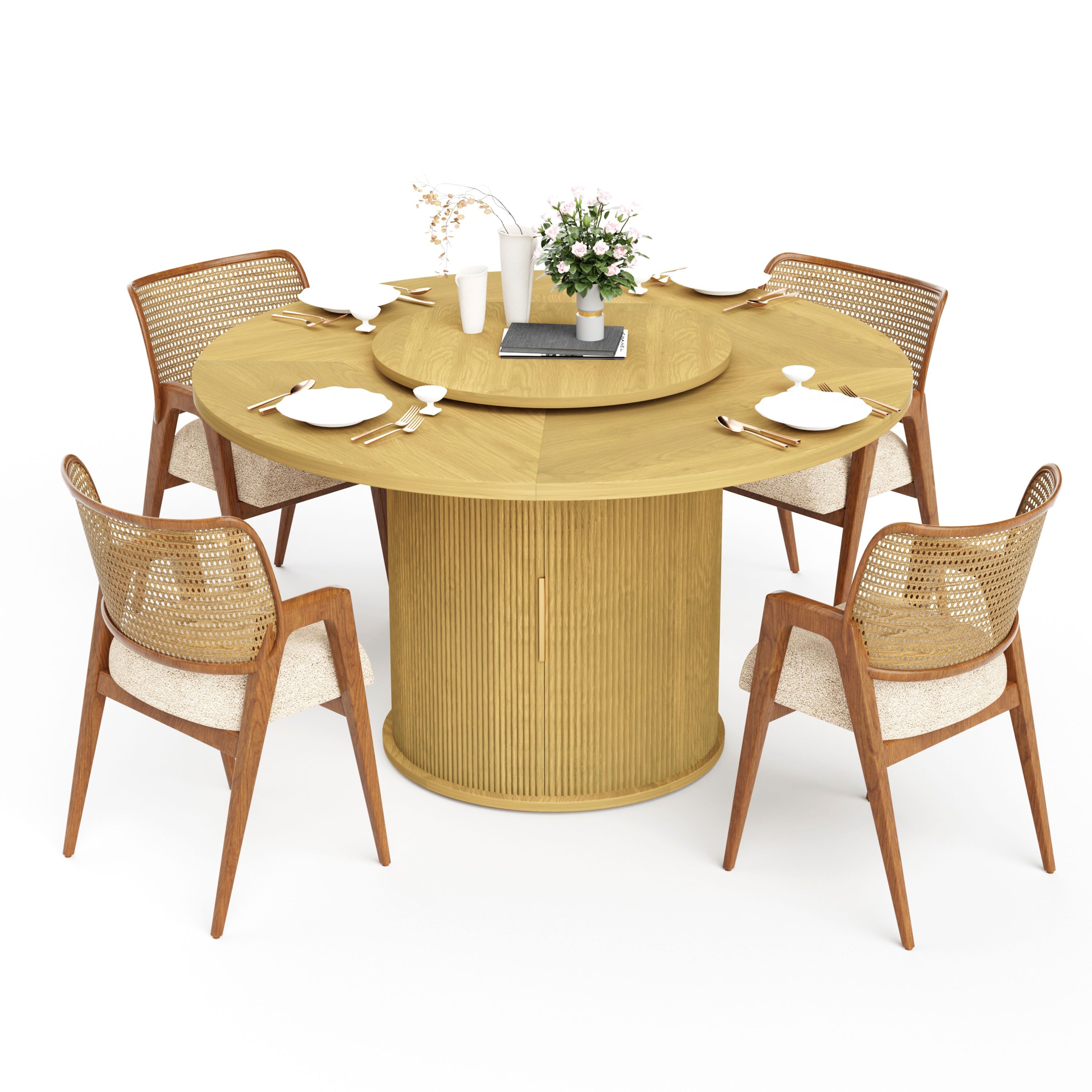 55-inch round dining table for six, featuring a double-tiered storage rack and a rotating tabletop tray. Wooden wavy-striped sliding doors. Ideal for home dining room living room (Natural).