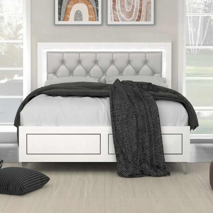 Queen platform bed with LED headboard in a modern bedroom, featuring gray faux leather tufting and sleek white wood frame.