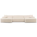 Cream corduroy U-shape sectional sofa with deep, high-density foam seating and two matching square throw pillows.