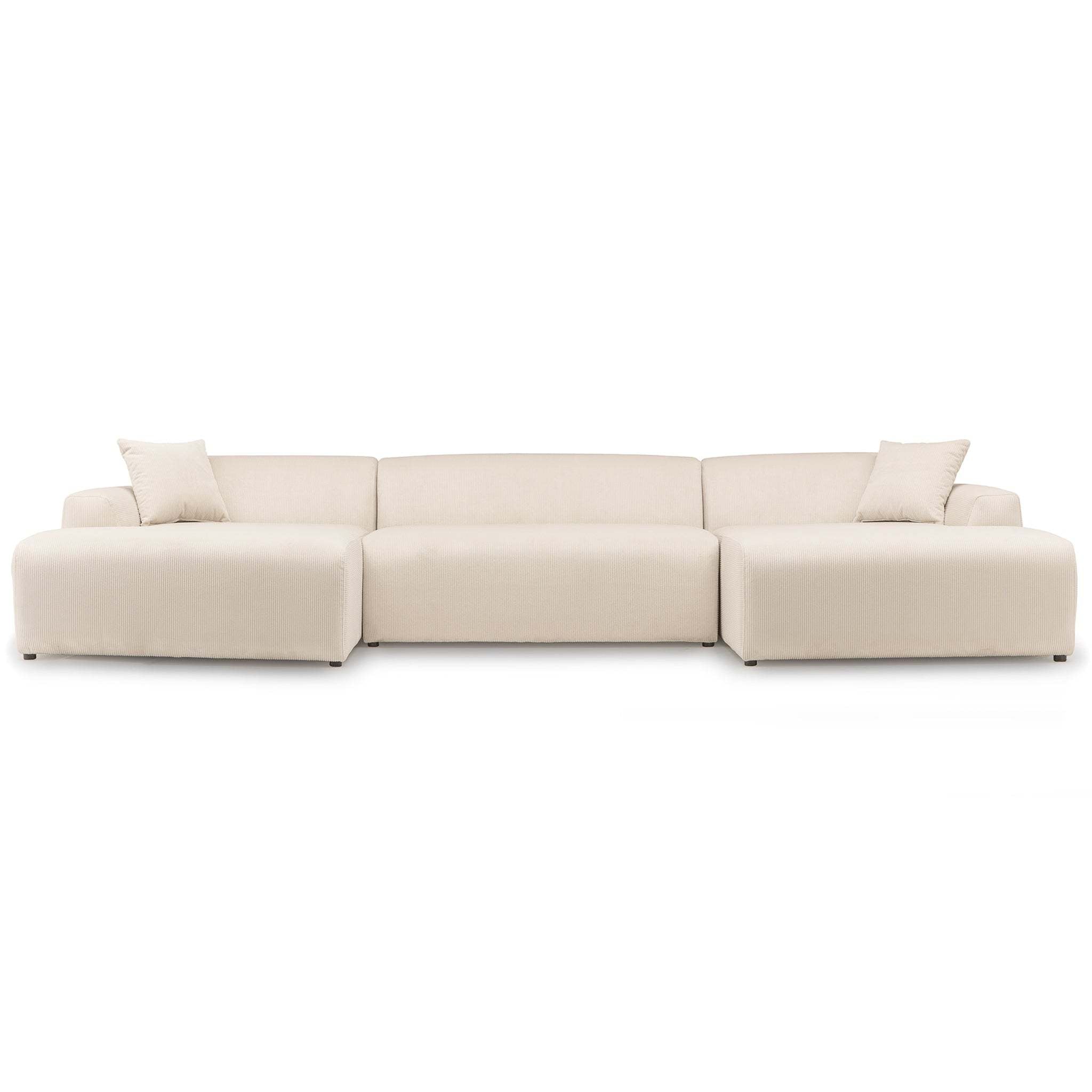 Cream corduroy U-shape sectional sofa with deep, high-density foam seating and two matching square throw pillows.