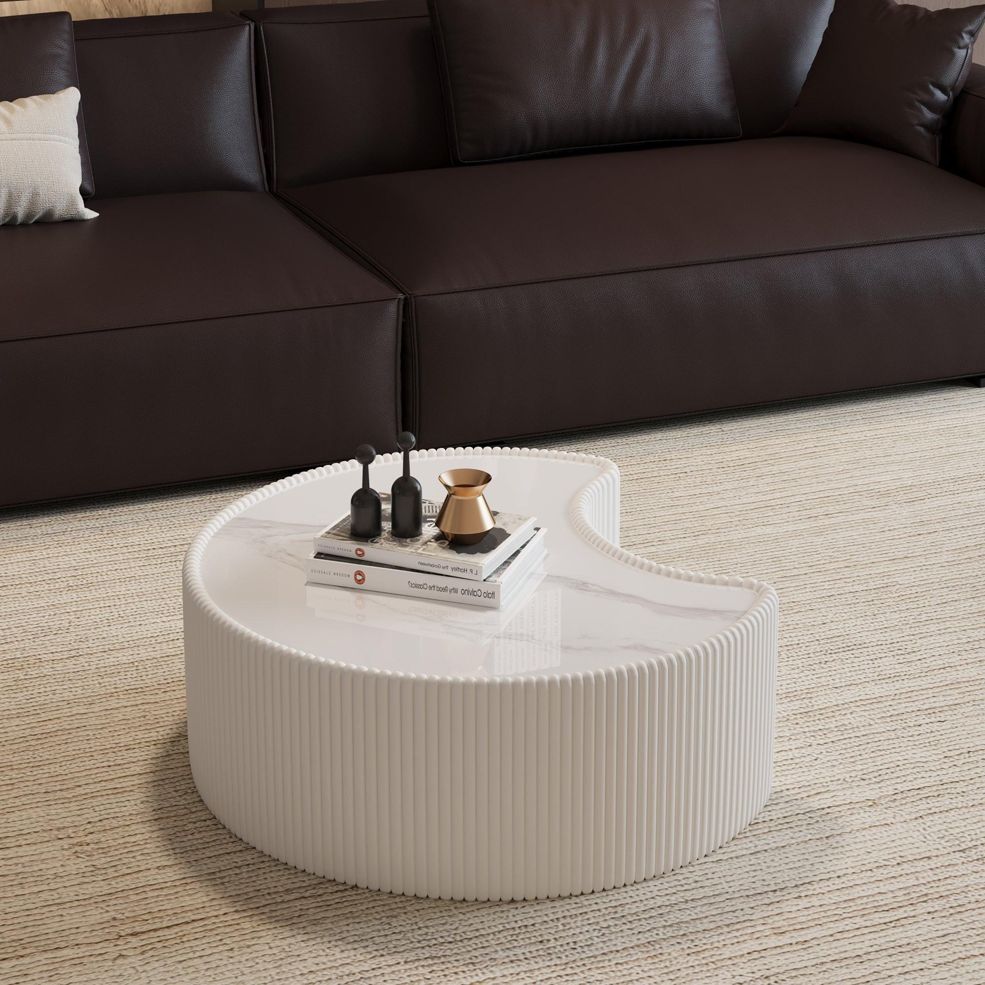 Modern Leather Coffee Table with Irregular Sintered Stone Top.