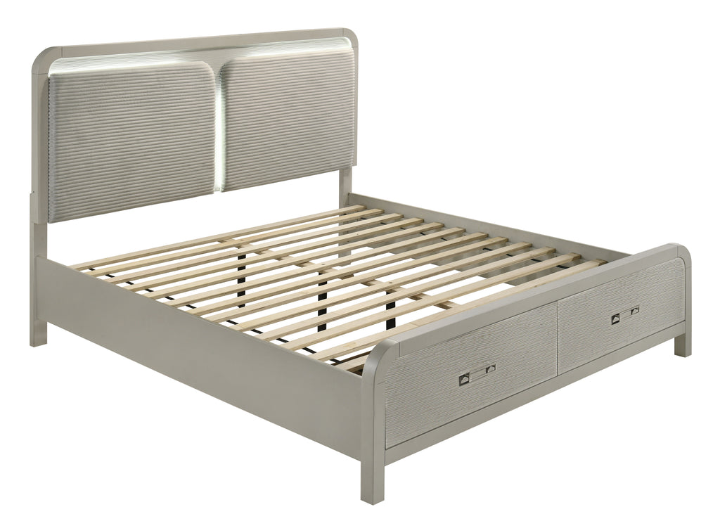 Modern Queen Bed frame from the Aria collection, shown without mattress to display slatted base and built-in storage drawers in beige tone.