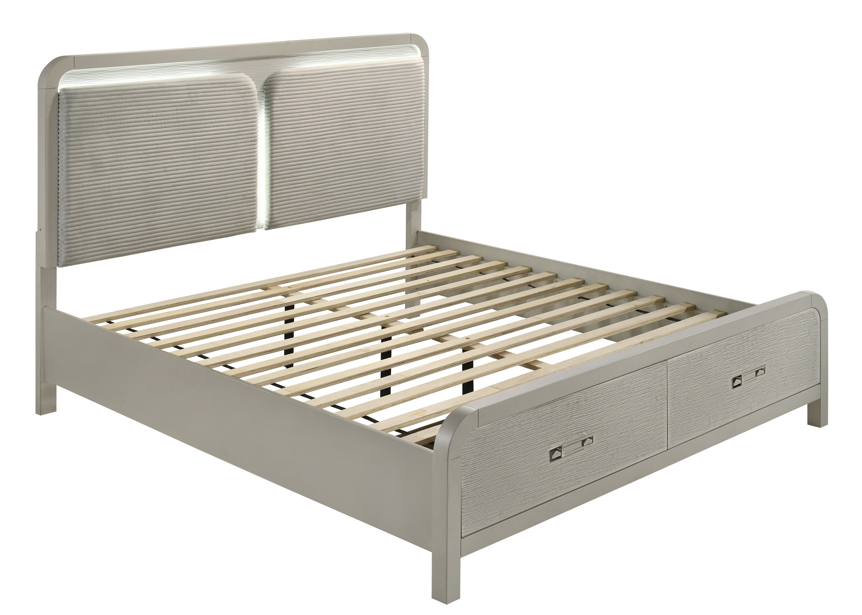 Modern Queen Bed frame from the Aria collection, shown without mattress to display slatted base and built-in storage drawers in beige tone.