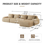 Dimensions and weight capacity chart for Modern L-Shaped Modular Sofa, showing 300 lbs per seat and modular layout for easy setup.