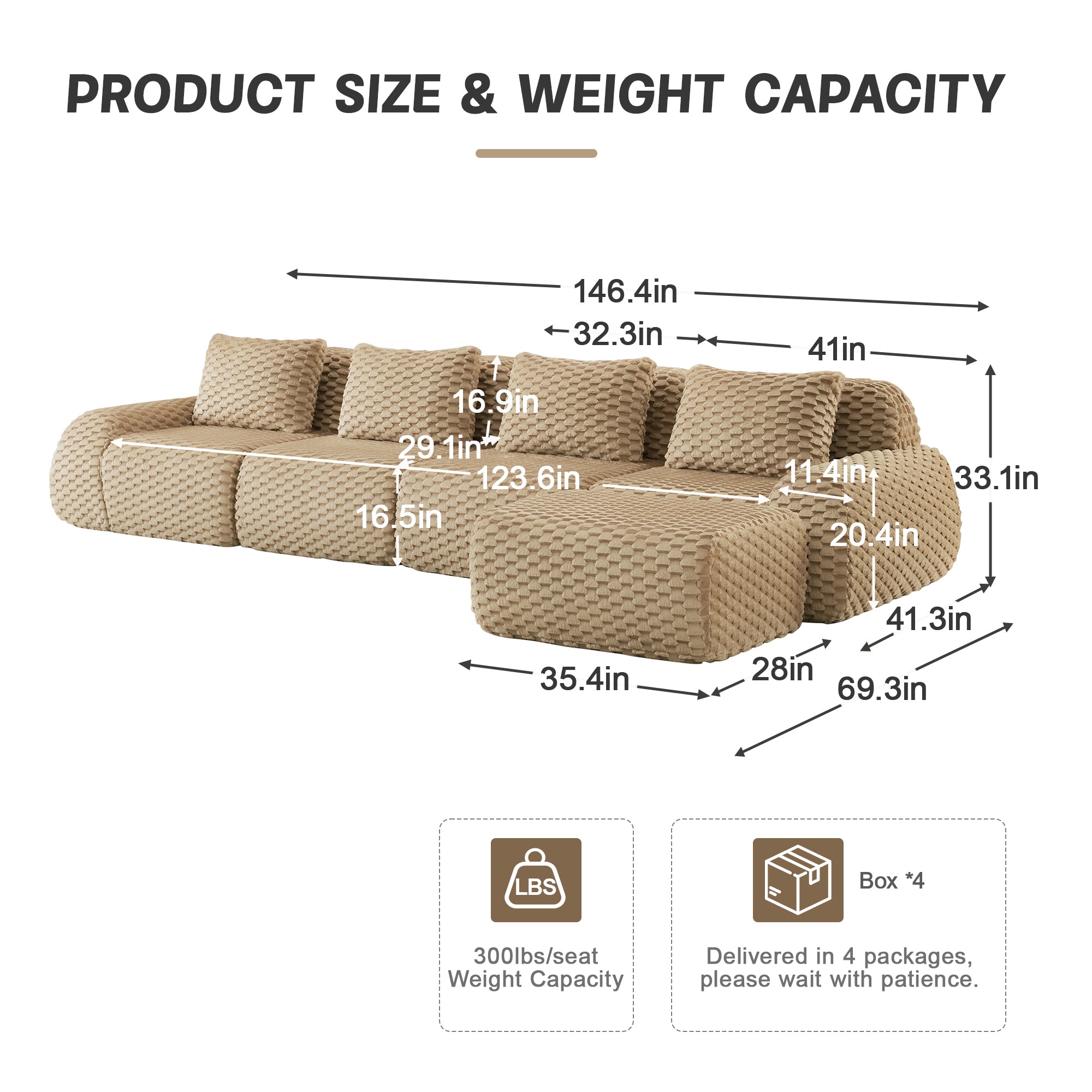 Dimensions and weight capacity chart for Modern L-Shaped Modular Sofa, showing 300 lbs per seat and modular layout for easy setup.