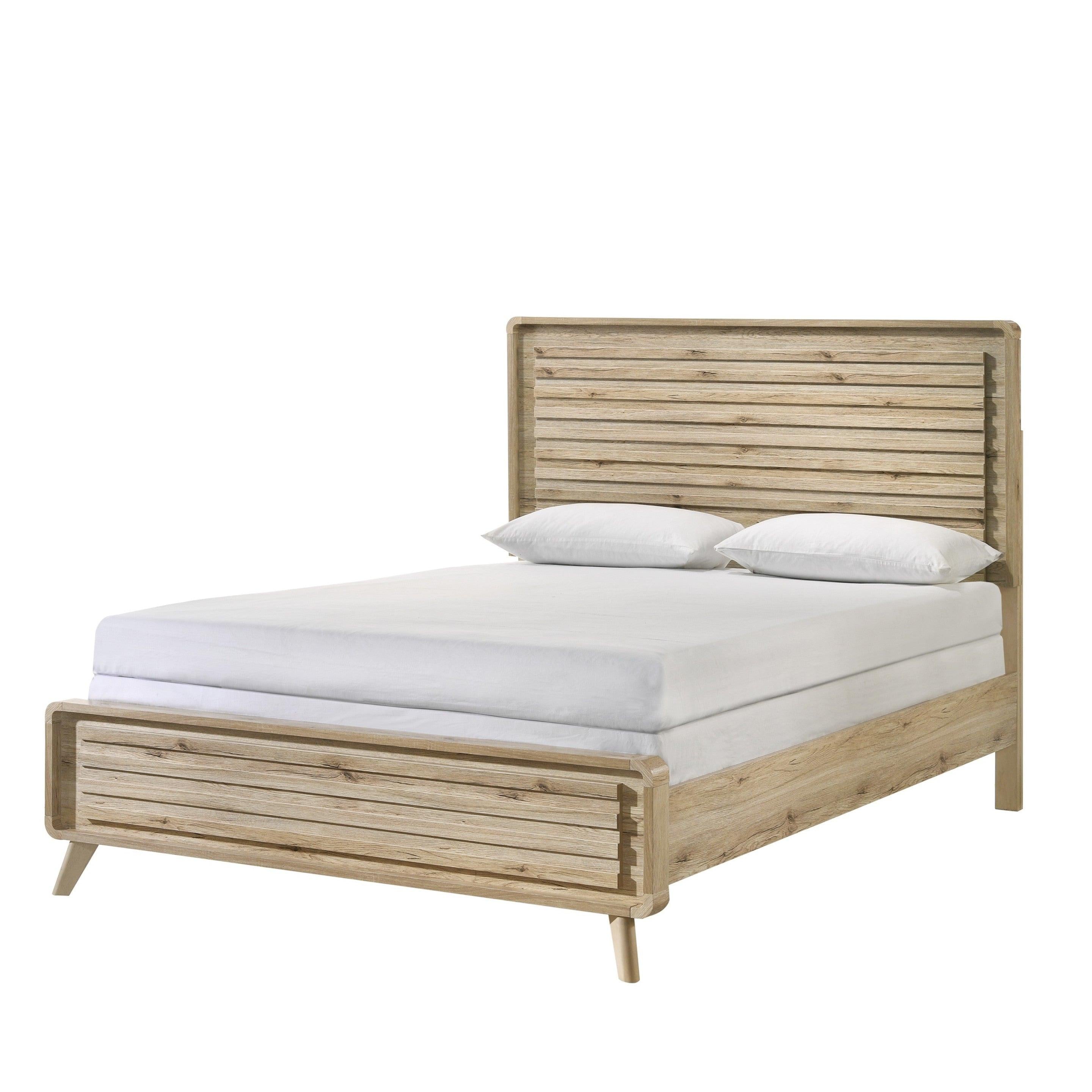Mid-century King Size Panel Bed with Slatted Design.