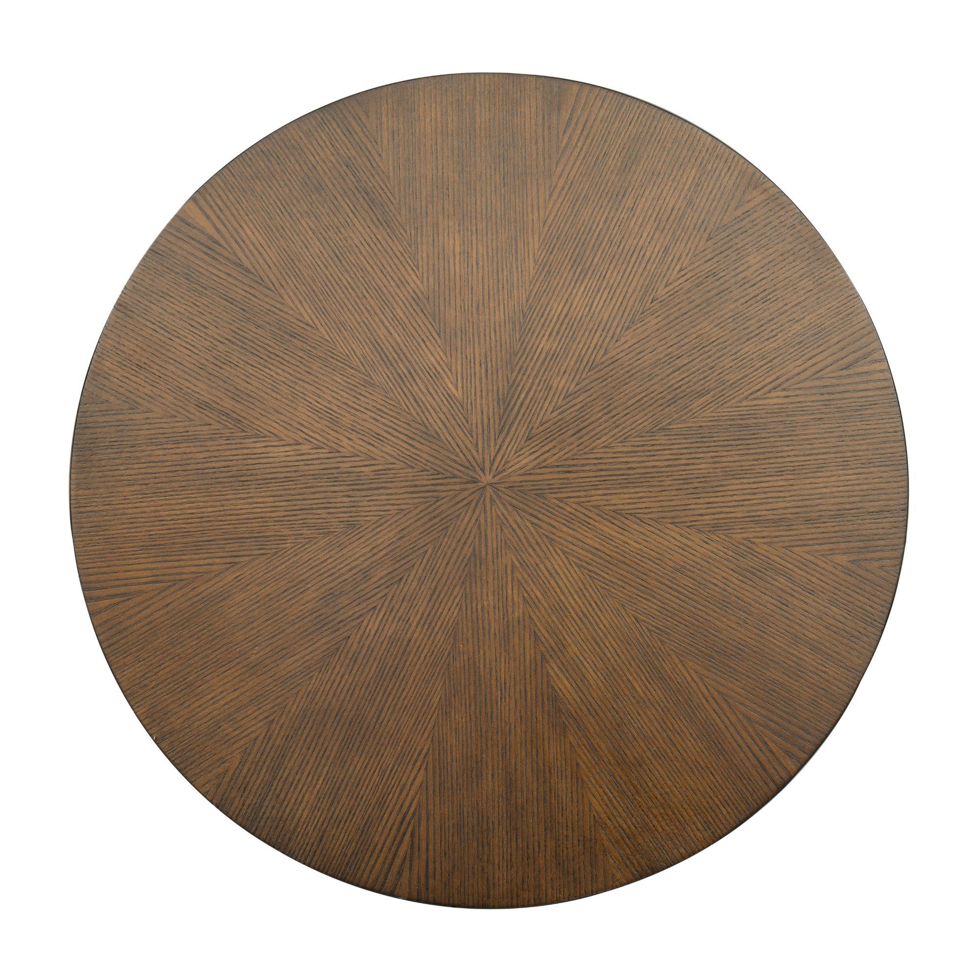 Top-down view of the Sadie Walnut Brown Accent Table with a radial wood grain design, emphasizing its stylish and modern finish.
