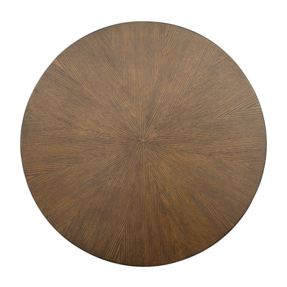 Top-down view of the Sadie Walnut Brown Accent Table with a radial wood grain design, emphasizing its stylish and modern finish.