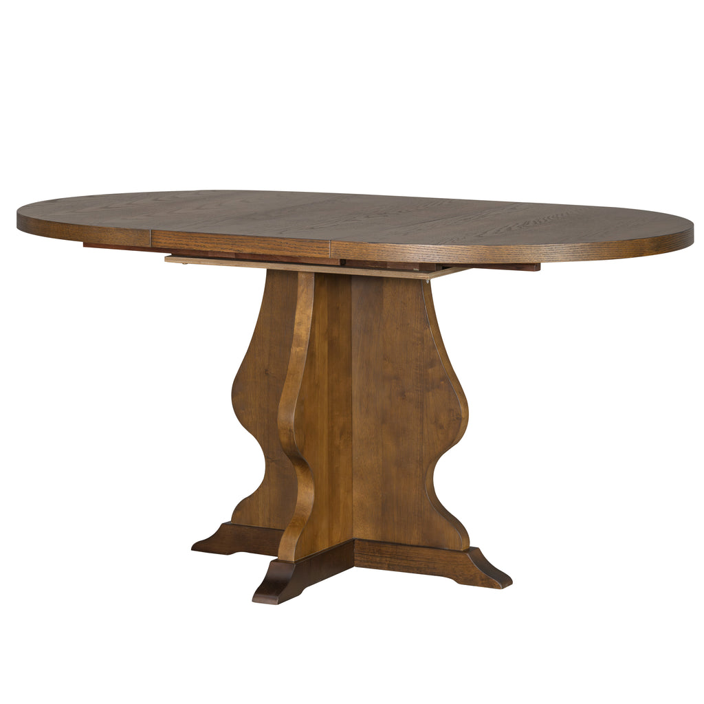 Extendable farmhouse dining table in warm wood tone featuring a stylish pedestal base, part of a trendy and practical dining set.