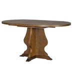 Extendable farmhouse dining table in warm wood tone featuring a stylish pedestal base, part of a trendy and practical dining set.