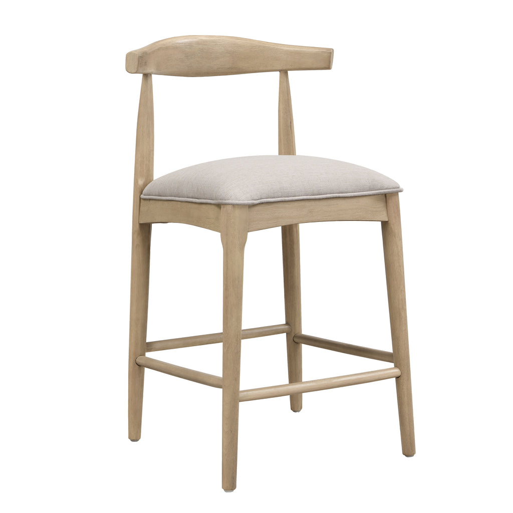 Angled view of modern counter stool with ergonomic backrest and soft pebble fabric seat, crafted with a durable rubberwood base.
