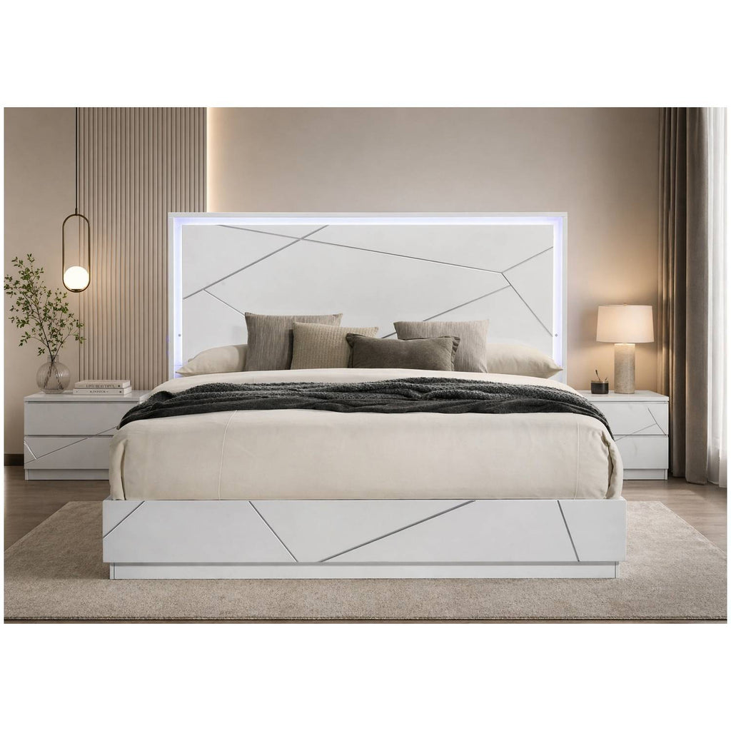 Esther White and Silver High Gloss Eastern King Bed with LED Lights