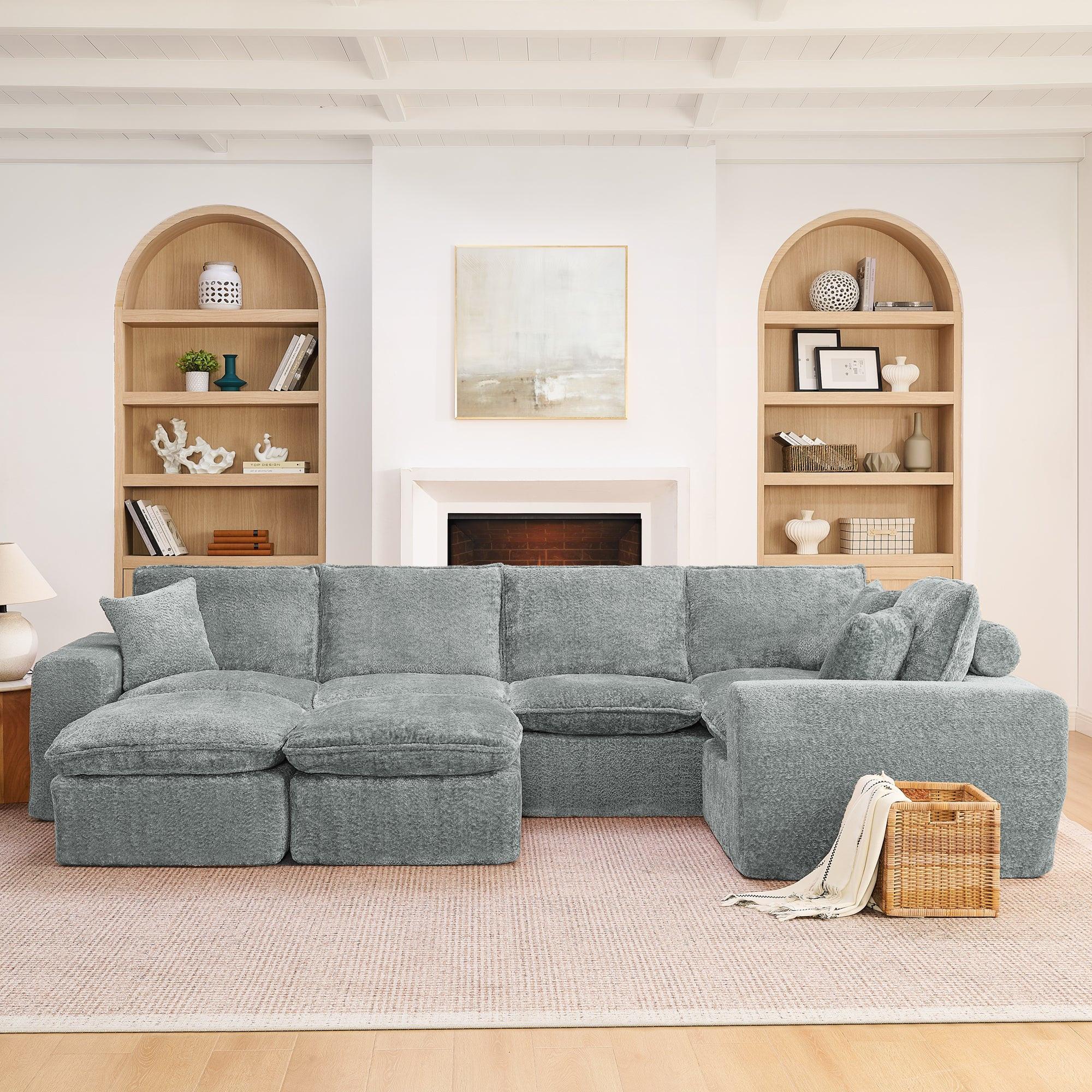 L-shaped Boucle Sectional Sofa with Moveable Ottomans.