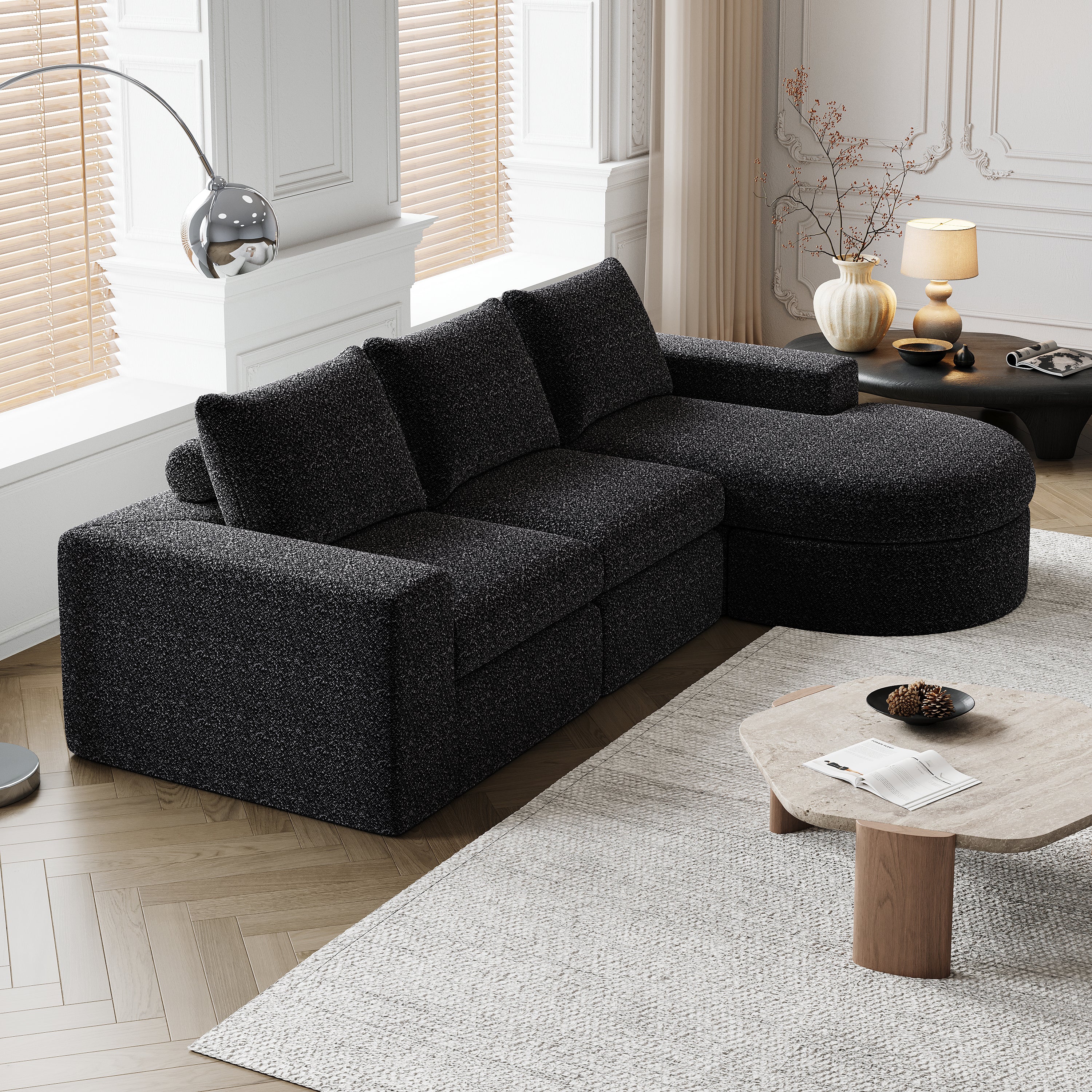 99-Inch Chenille Cloud Curved Sectional Sofa with Chaise, L-Shaped Modern Boneless Couch with Deep Seats, Chenille Sectional Sofa for Living Room and Bedroom, No Assembly Required