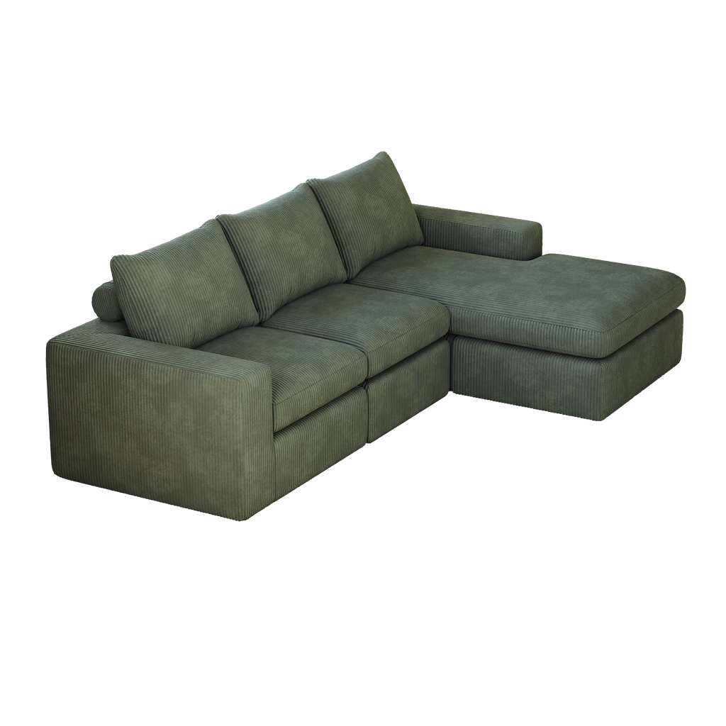 99-Inch Boneless Couch with Chaise, L-Shaped Modern Upholstered Sectional Sofa with Three pillows, Corduroy Sectional Sofa for Living Room and Bedroom, No Assembly Required