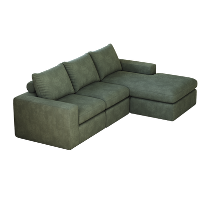 99-Inch Boneless Couch with Chaise, L-Shaped Modern Upholstered Sectional Sofa with Three pillows, Corduroy Sectional Sofa for Living Room and Bedroom, No Assembly Required