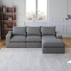 99-Inch Grey L-Shaped Corduroy Sectional Sofa With Chaise.
